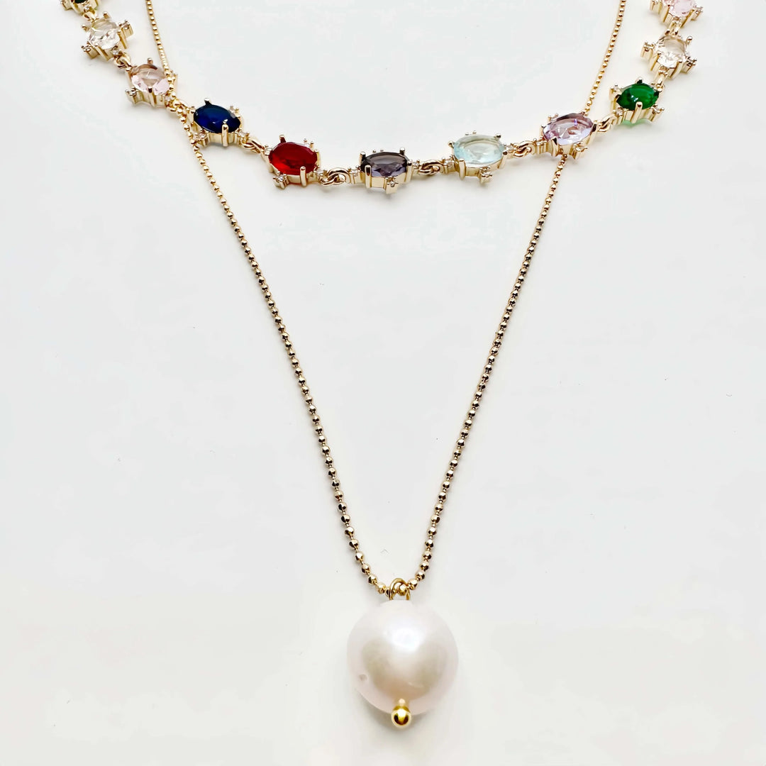 Two-layer Rainbow Crystal Choker Pearl Necklace