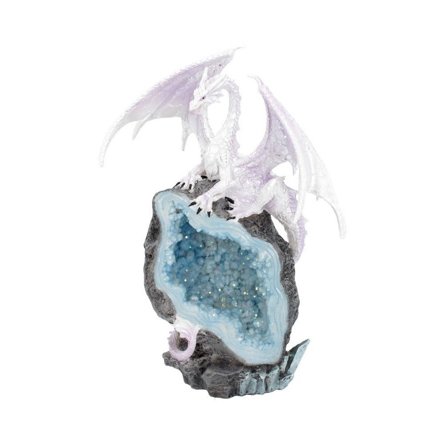 Glacial Custodian Fantasy White Dragon Sitting On A Geode 22cm U4496N9