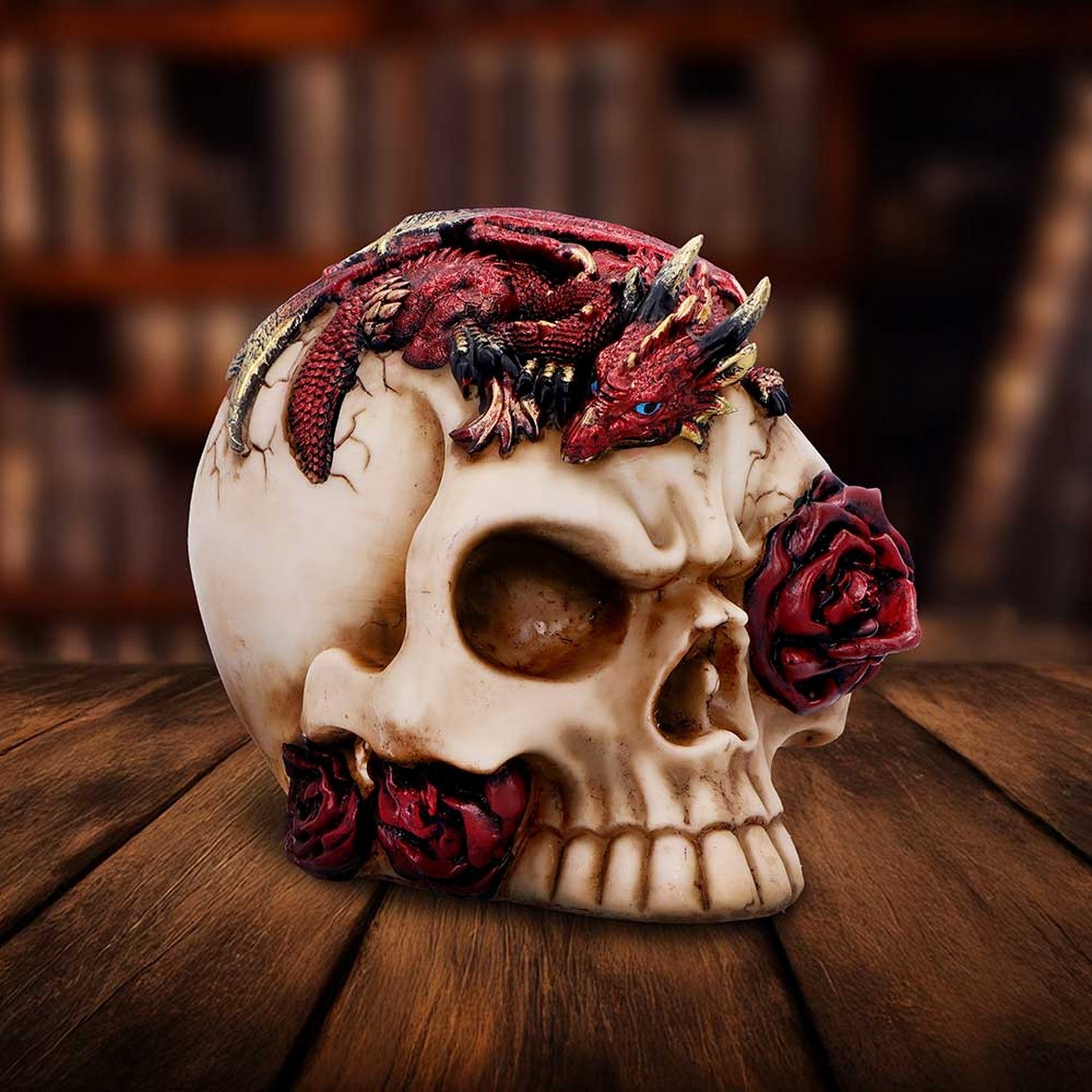 Rose Flame Decorative Skull With Sleeping Dragon U7070B25