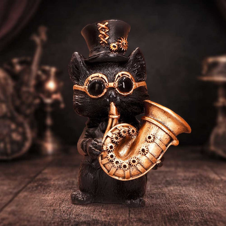 Steampunk Black Cat Playing Horn Figurine 10cm U7605B26