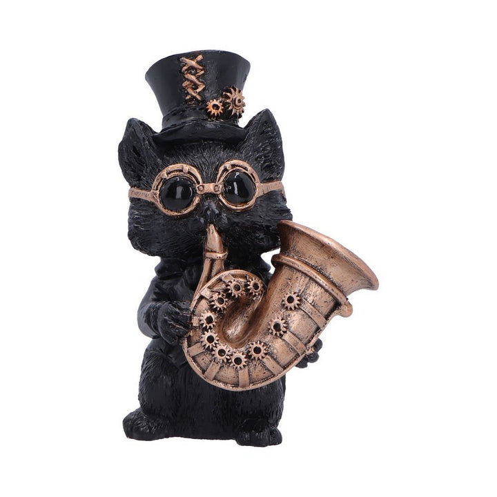 Steampunk Black Cat Playing Horn Figurine 10cm U7605B26