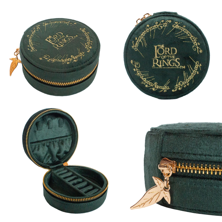A dark green velvet zippered coin purse with gold hardware and 'The Lord of the Rings' themed gold embroidery on the exterior. The image shows multiple views: closed from the front, closed from the top, open displaying the interior organizer slots, and a close-up of the gold leaf-shaped zipper pull charm.