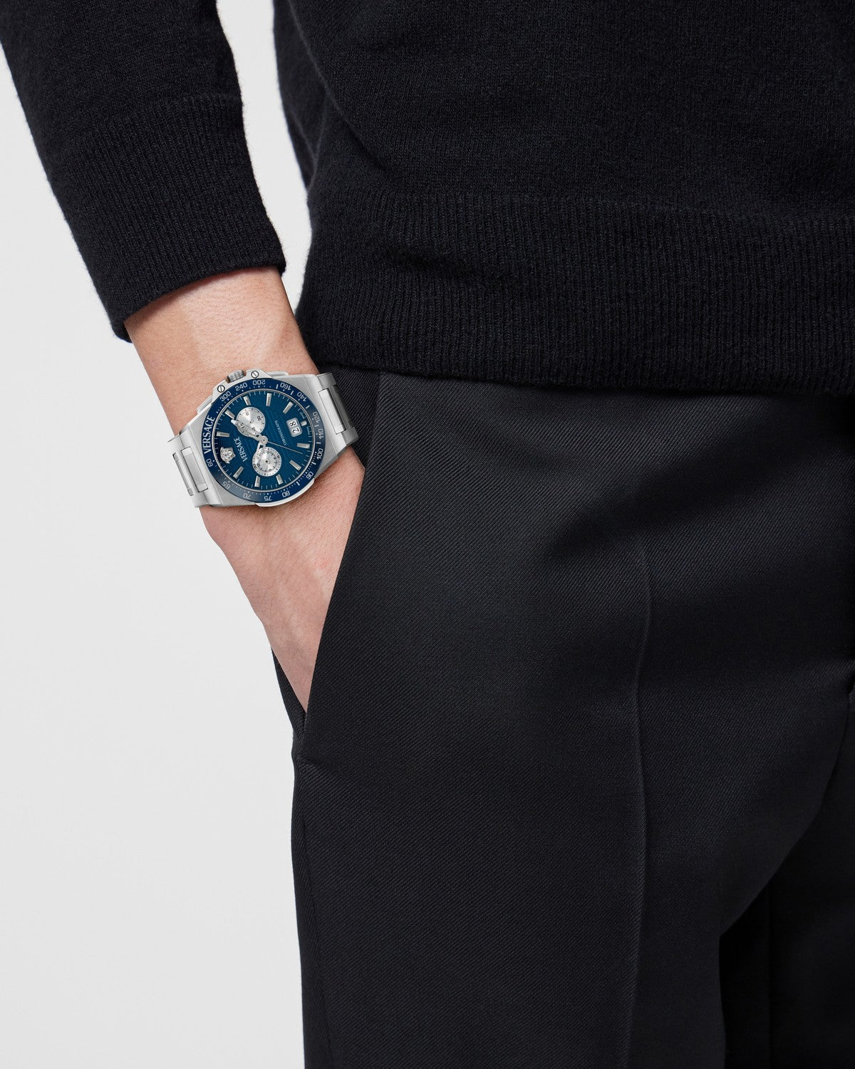 Versace Men’s Greca Reaction 43 mm Blue Dial Bracelet Watch VE5N00326