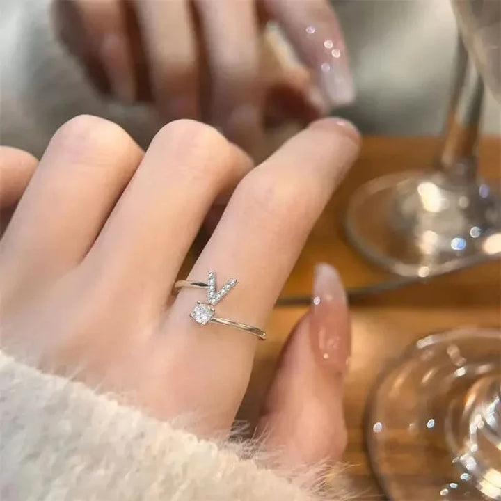Diamond Initial Letter Silver Ring