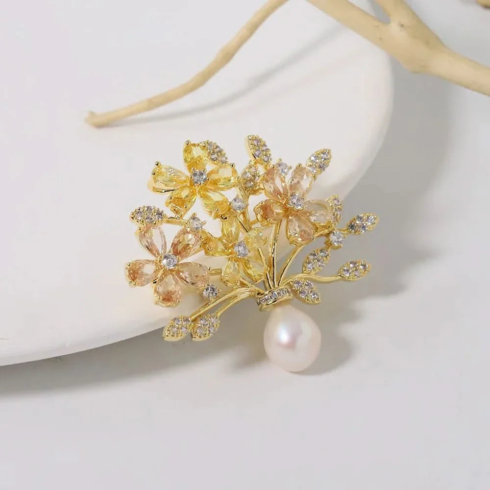 Vintage Floral Zircon and Pearl Brooch