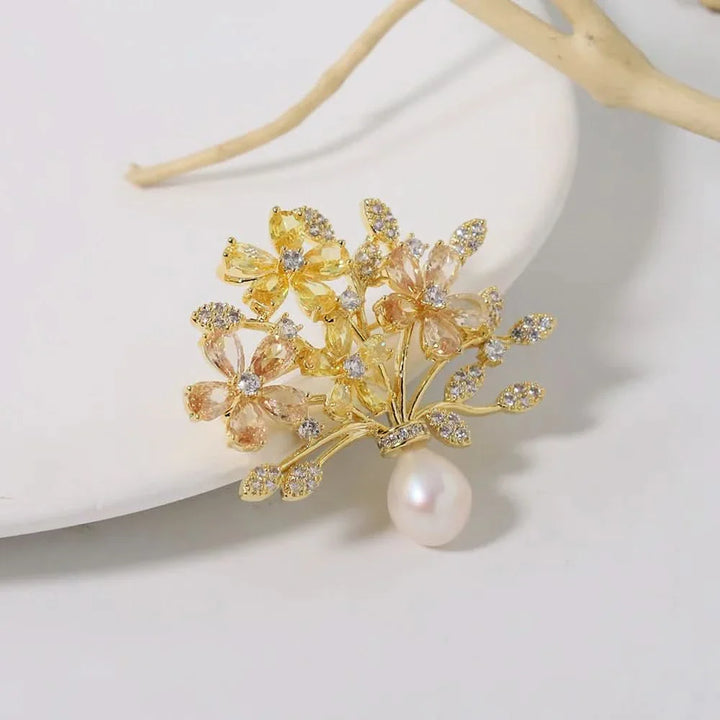 Vintage Floral Zircon and Pearl Brooch