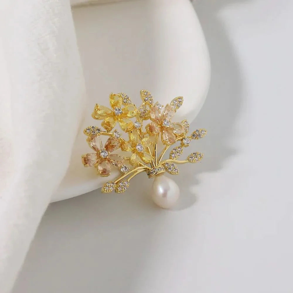 Vintage Floral Zircon and Pearl Brooch