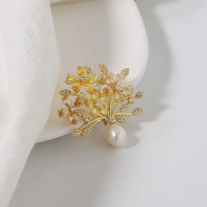 Vintage Floral Zircon and Pearl Brooch