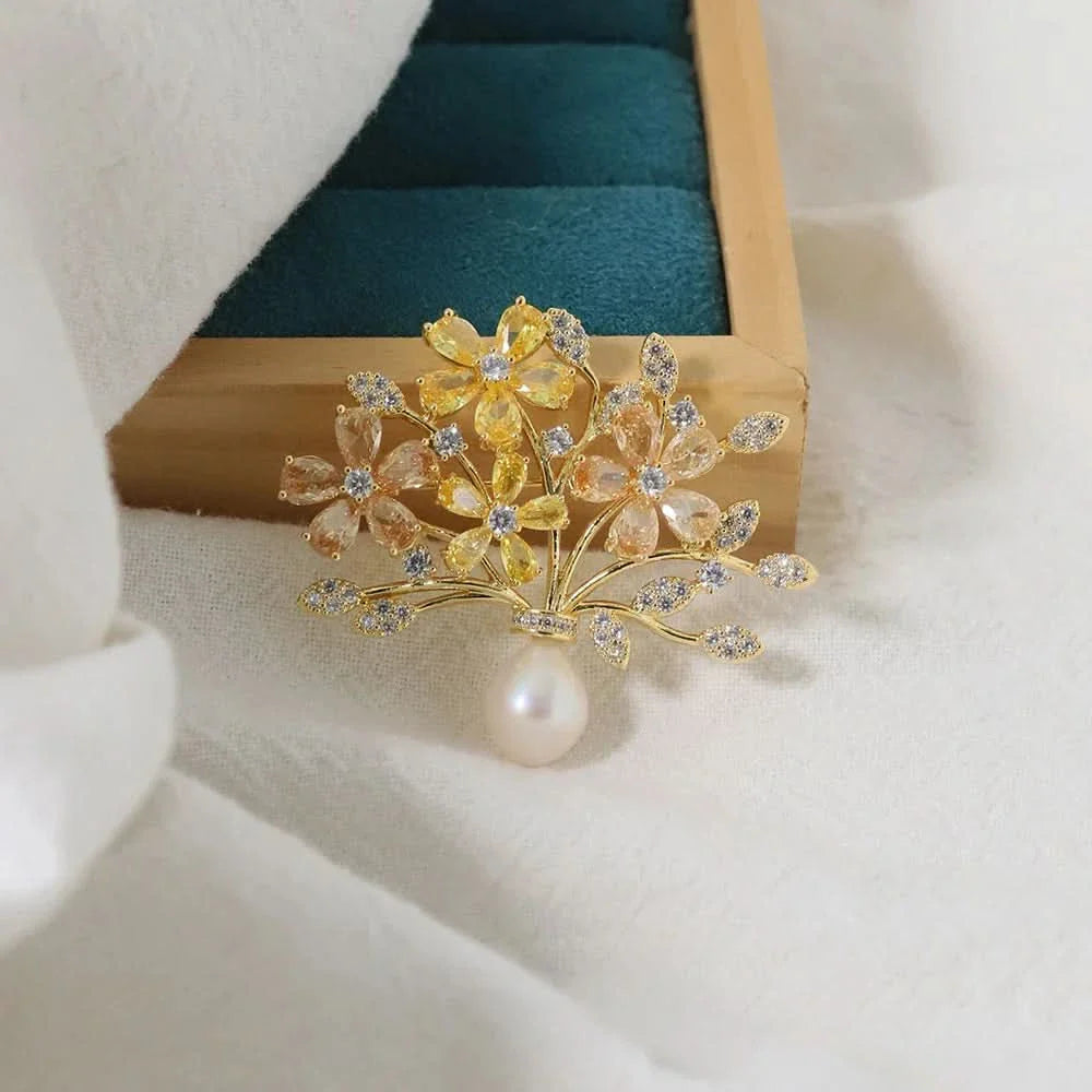 Vintage Floral Zircon and Pearl Brooch