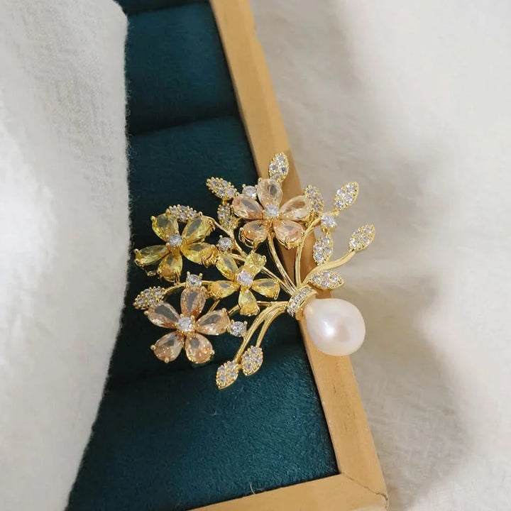 Vintage Floral Zircon and Pearl Brooch