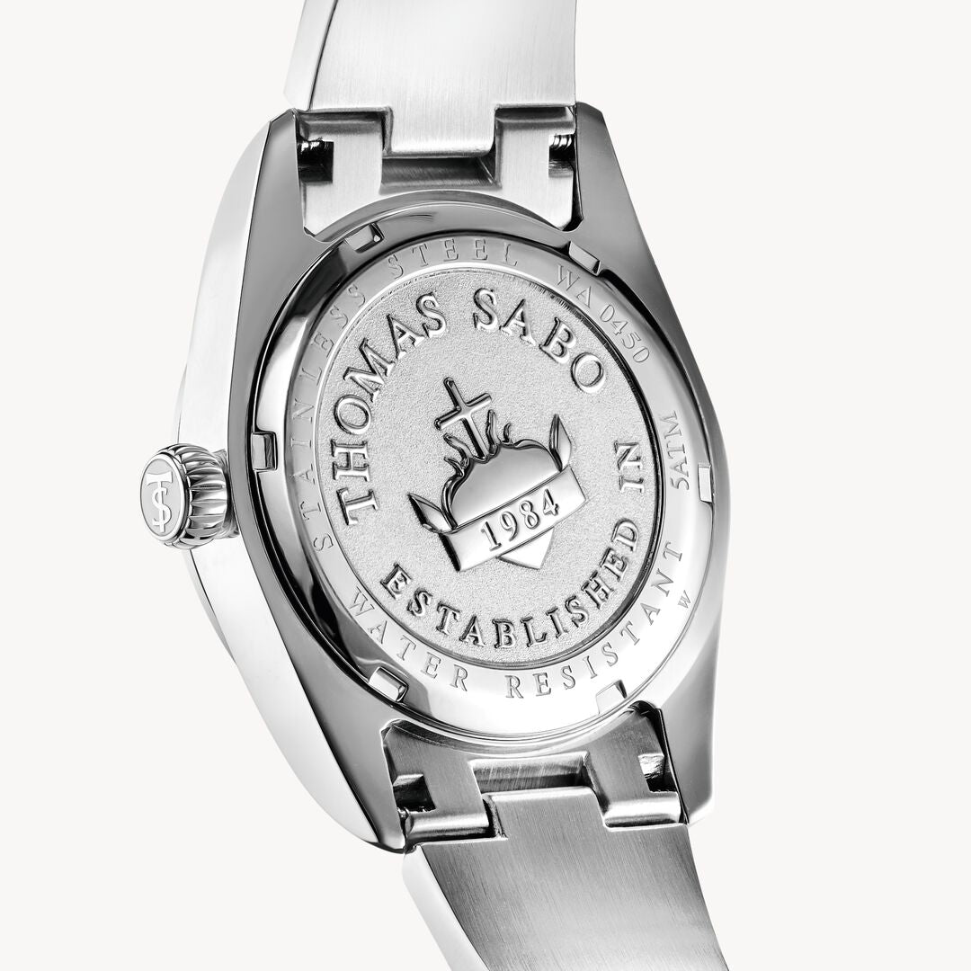 Silver watch with 'Thomas Sabo' branding on a white background