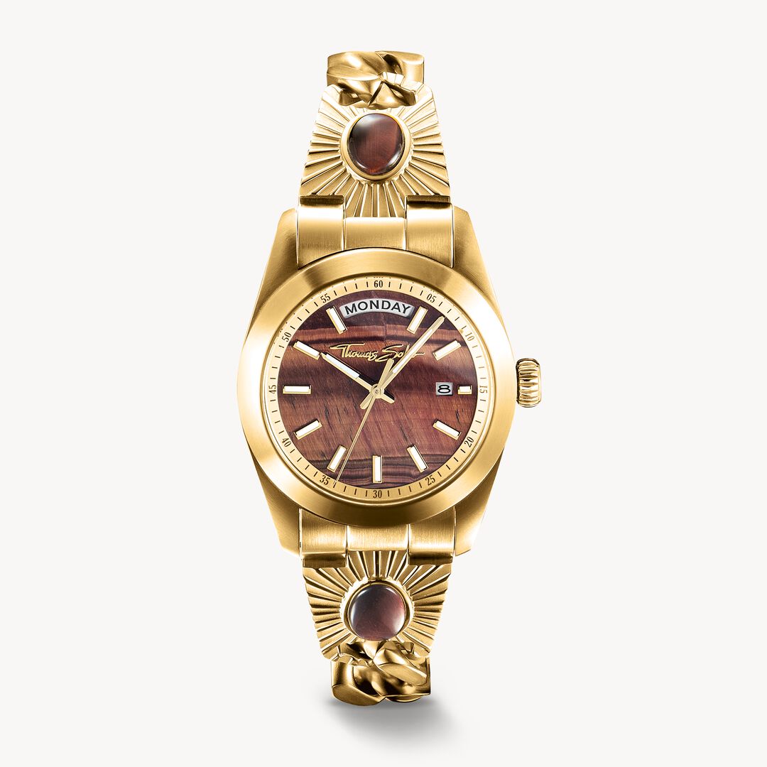 Gold wristwatch with a wooden face on a white background