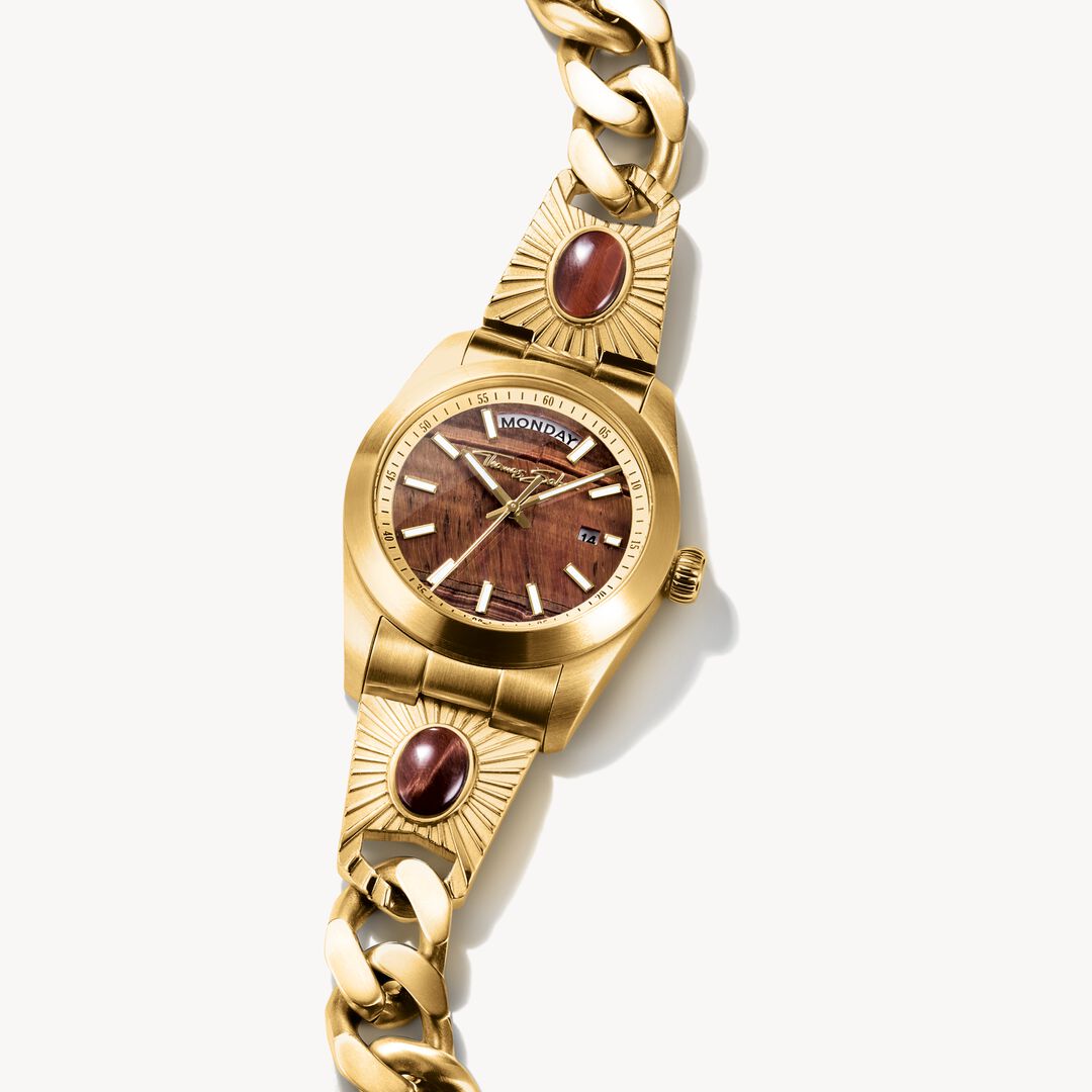 Gold wristwatch with a wooden face on a white background