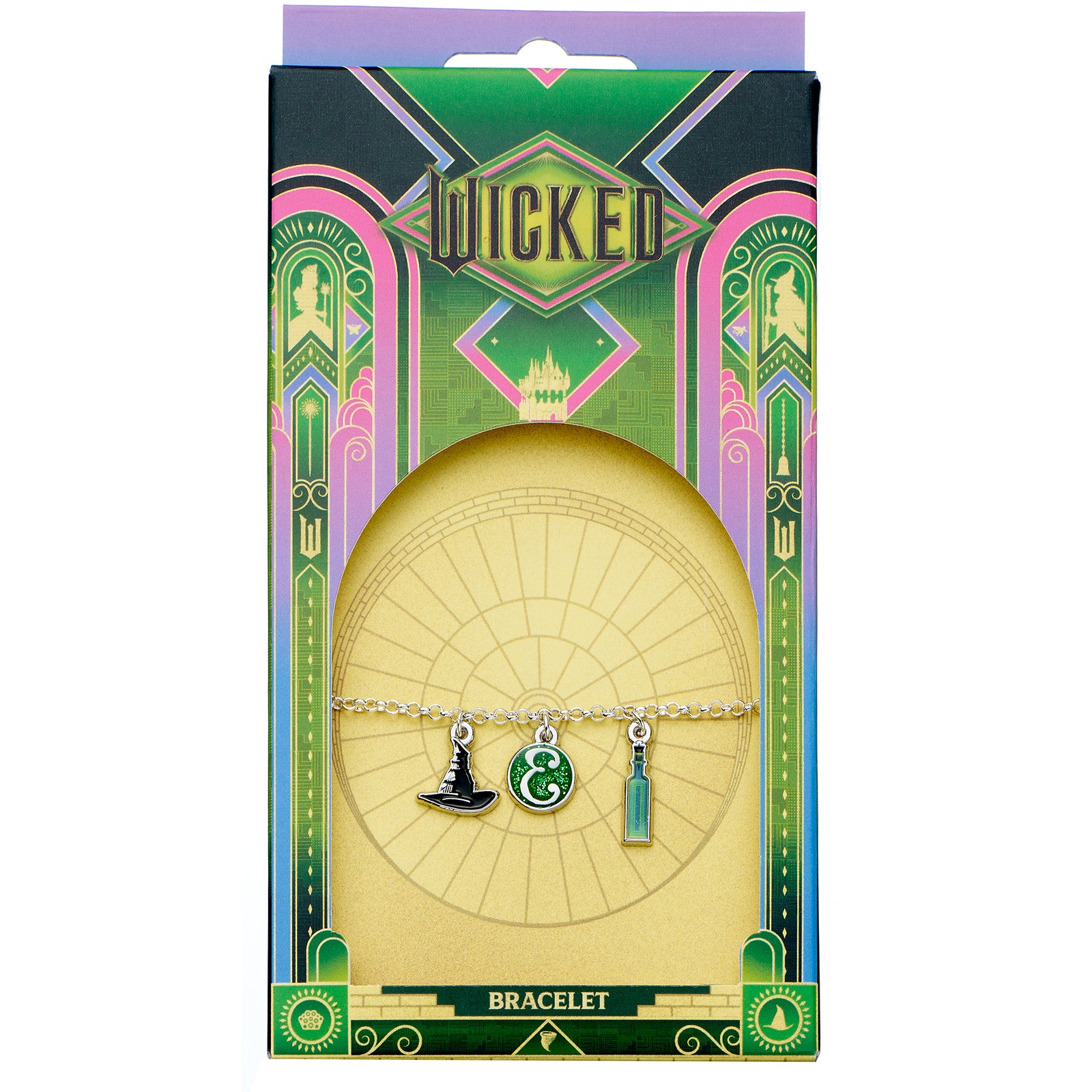 Silver bracelet with witch hat, green circle, and rectangular charm on a white background