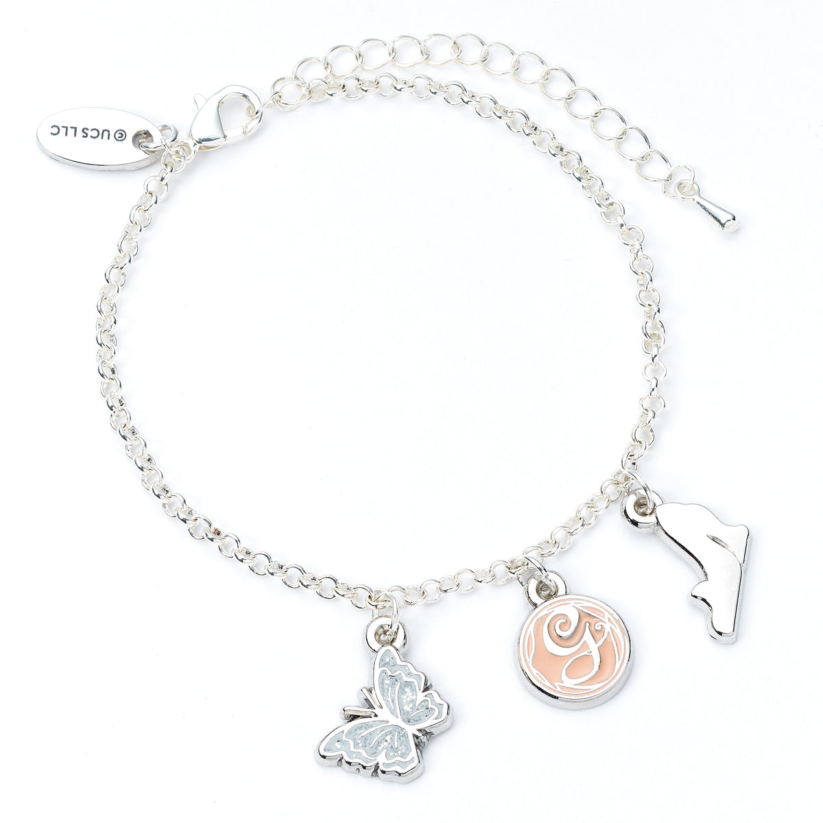 Silver bracelet with butterfly and circular charm on a white background