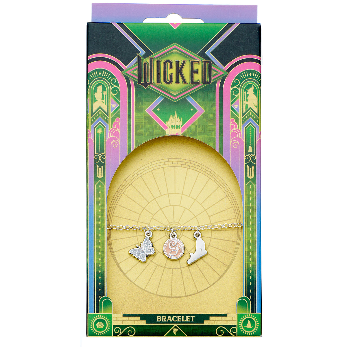 Bracelet with charms in packaging featuring 'Wicked' branding