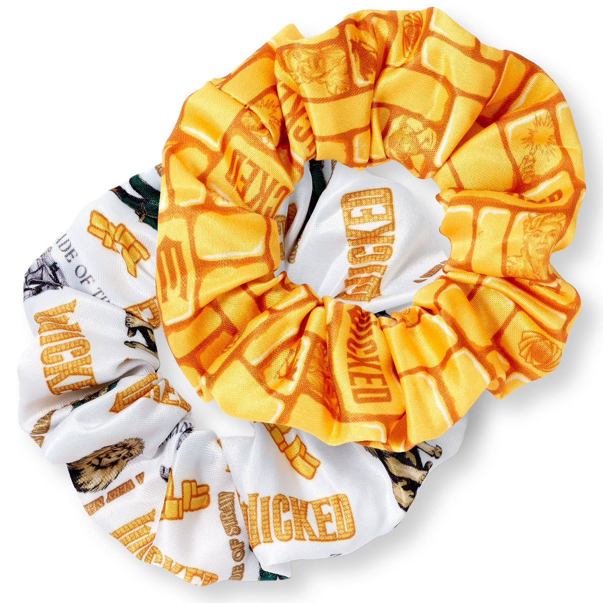 Two scrunchies, one yellow and one white with text, on a white background