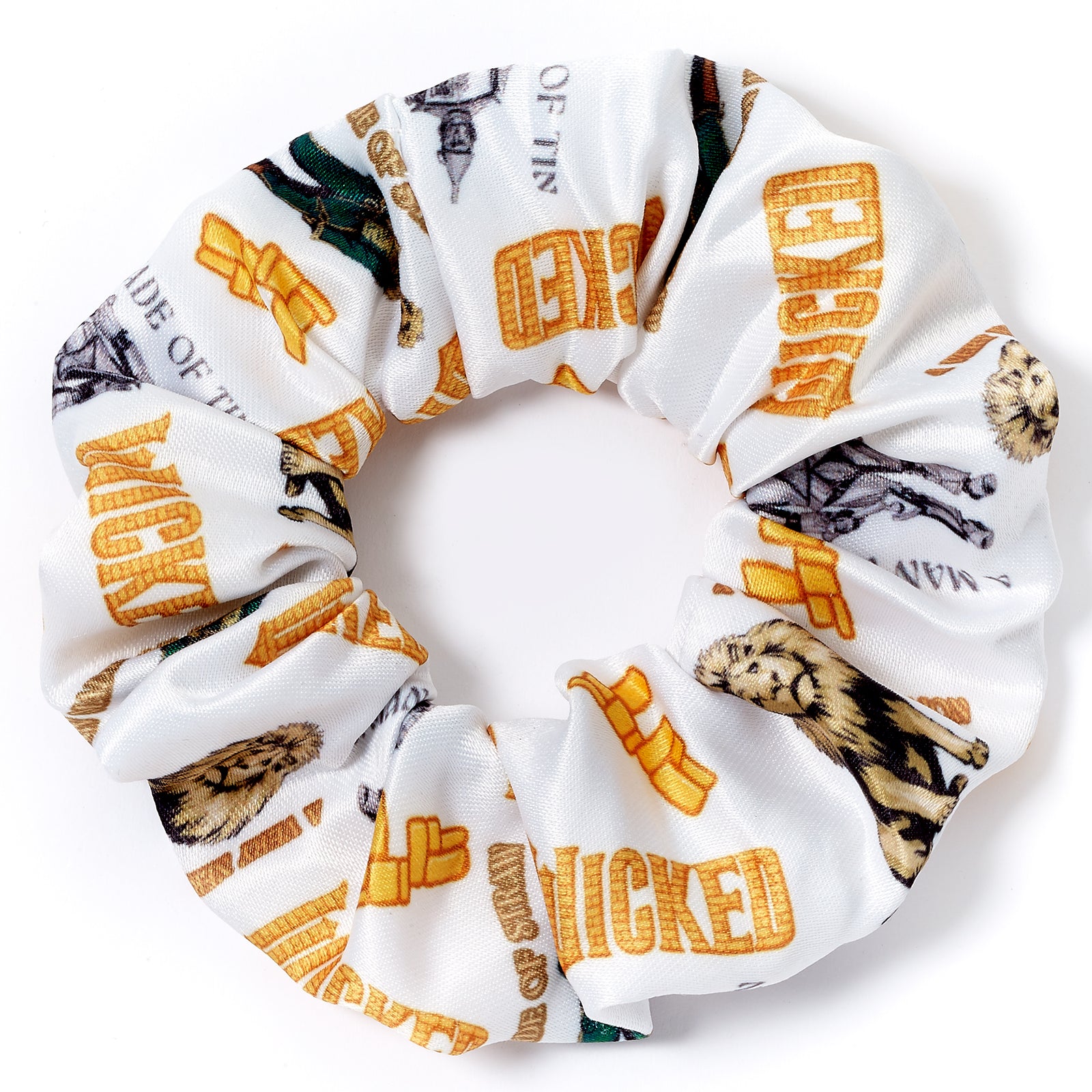 Two scrunchies, one yellow and one white with text, on a white background