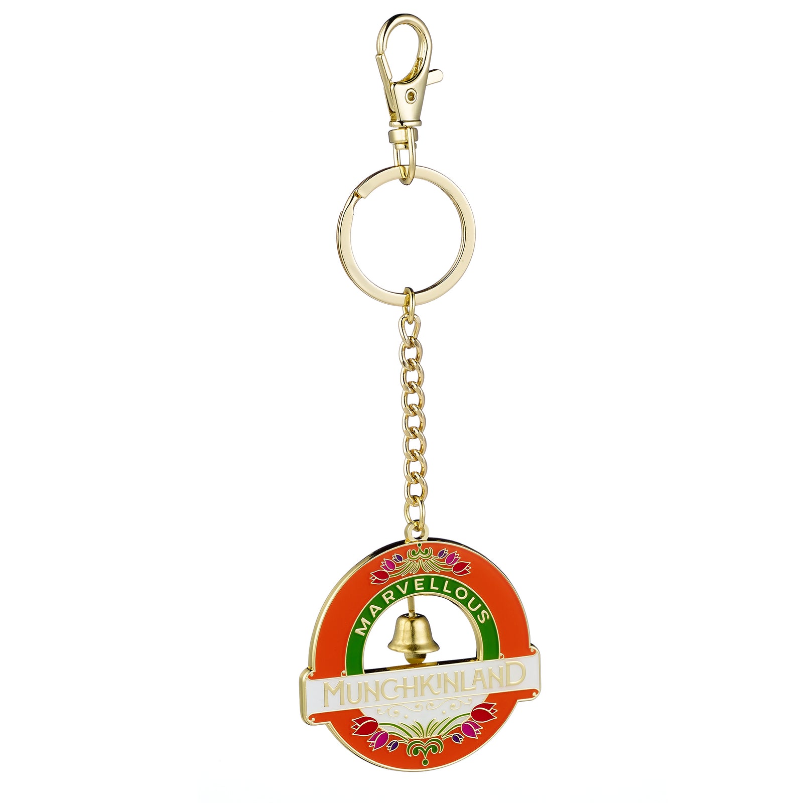 Keychain with a colorful design and text on a white background