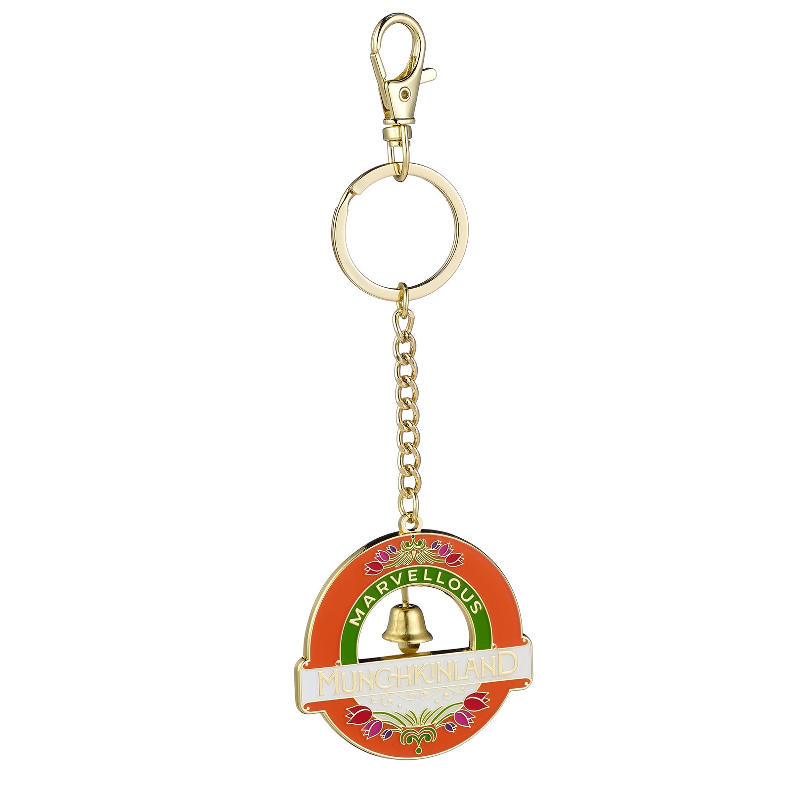 Decorative keychain with colorful design and gold chain on a white background