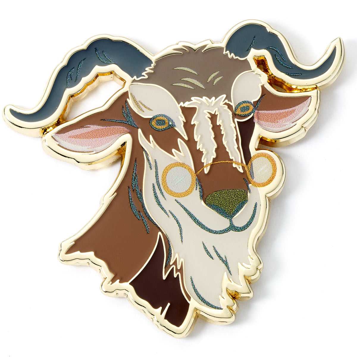 Goat-shaped enamel pin with gold accents on a white background
