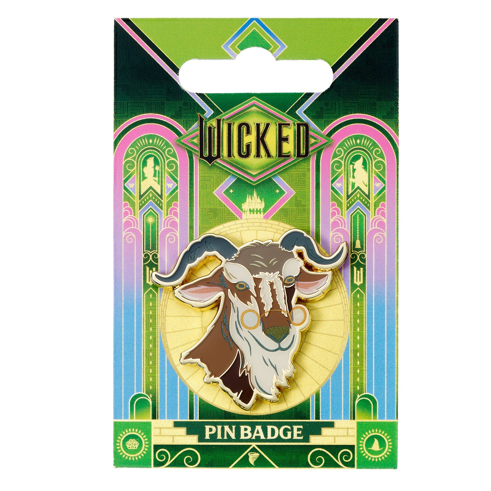 Wicked pin badge packaging with goat illustration on a colorful background