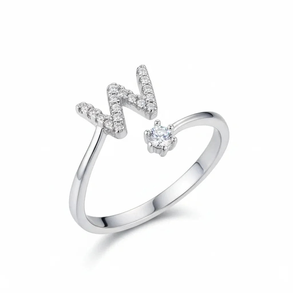 Diamond Initial Letter Silver Ring