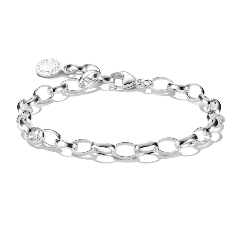 A polished sterling silver link chain bracelet with a lobster clasp and a small round branded tag, displayed on a clean white background.