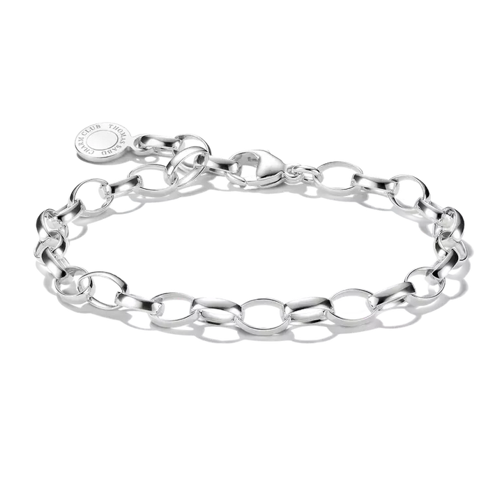 A polished sterling silver link chain bracelet with a lobster clasp and a small round branded tag, displayed on a clean white background.