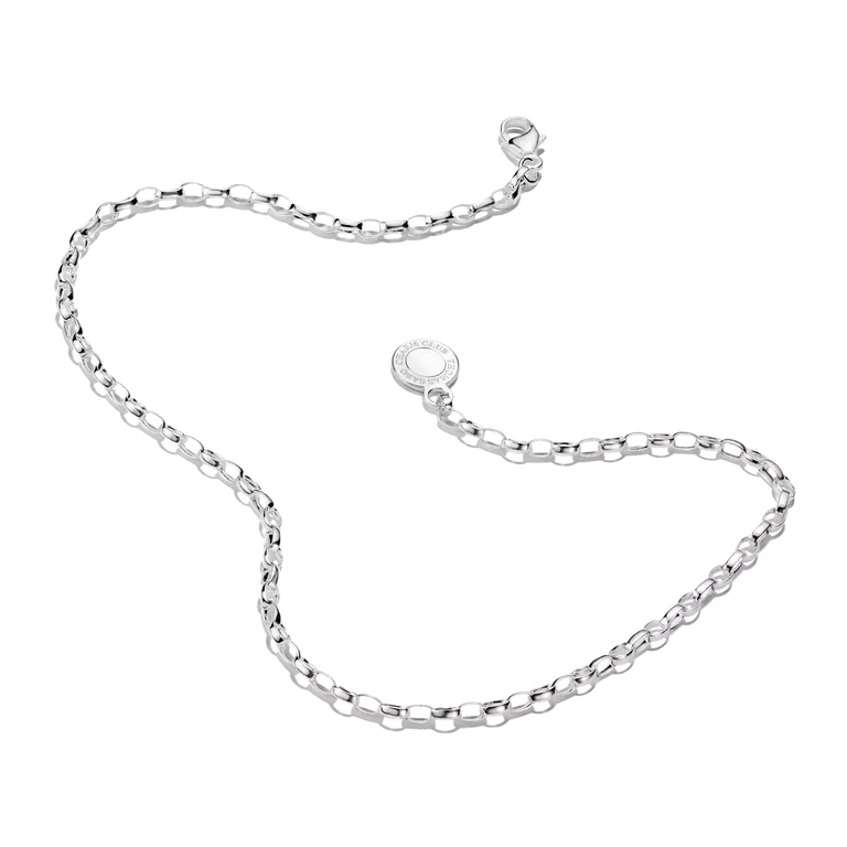 A silver chain necklace with a small oval pendant, displayed on a clean white background.