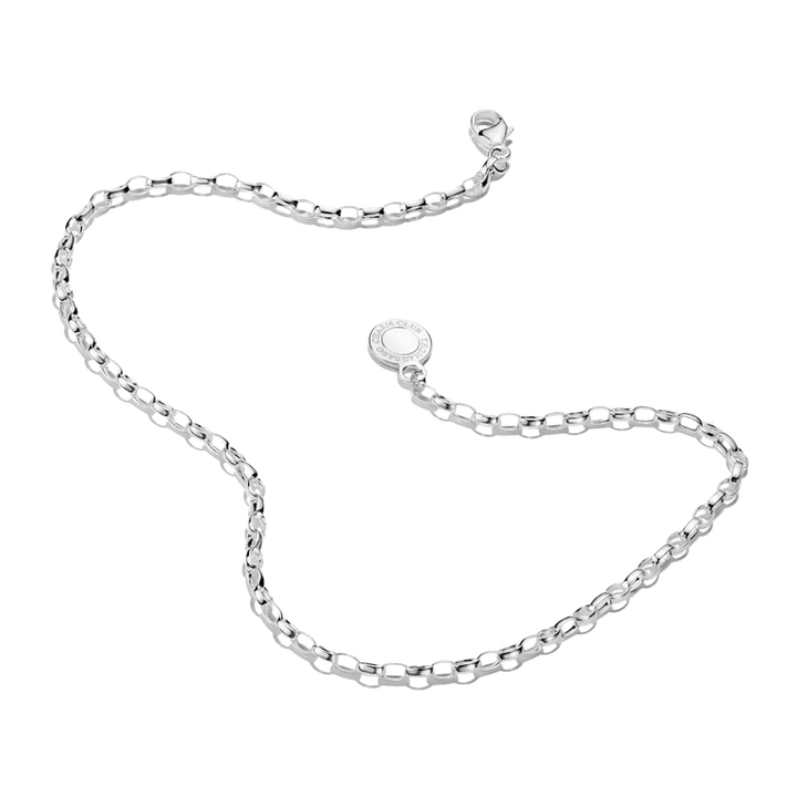A silver chain necklace with a small oval pendant, displayed on a clean white background.