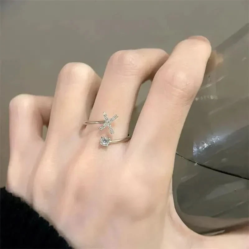 Diamond Initial Letter Silver Ring