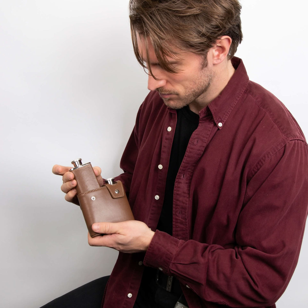Stainless Steel Double Mini Brown Leather Hip Flask Y439