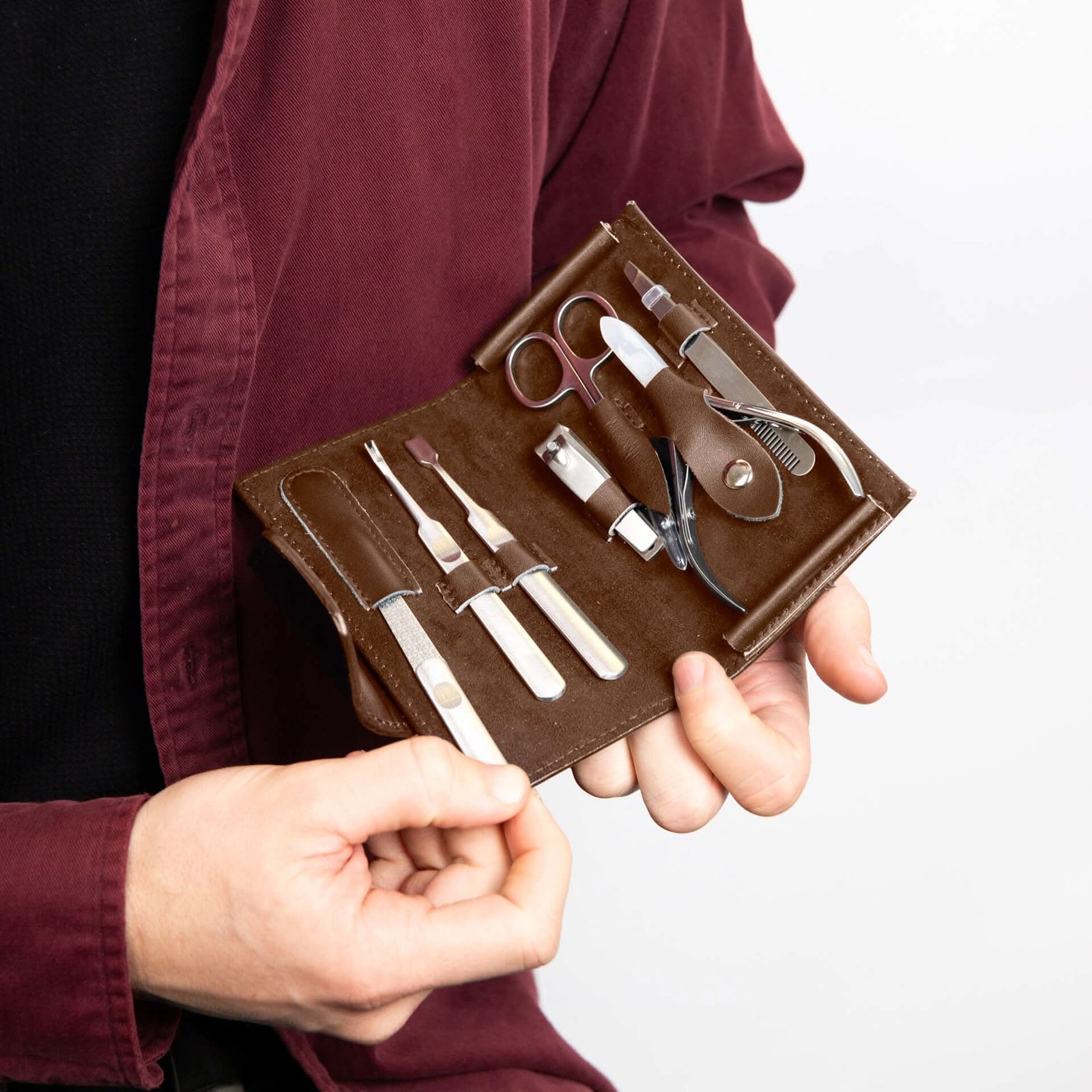 Brown Leather Stainless Steel Men's Traveling Manicure Set Y442