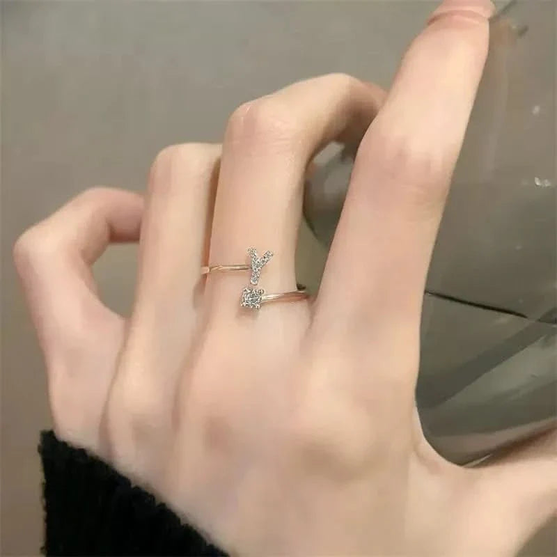 Diamond Initial Letter Silver Ring