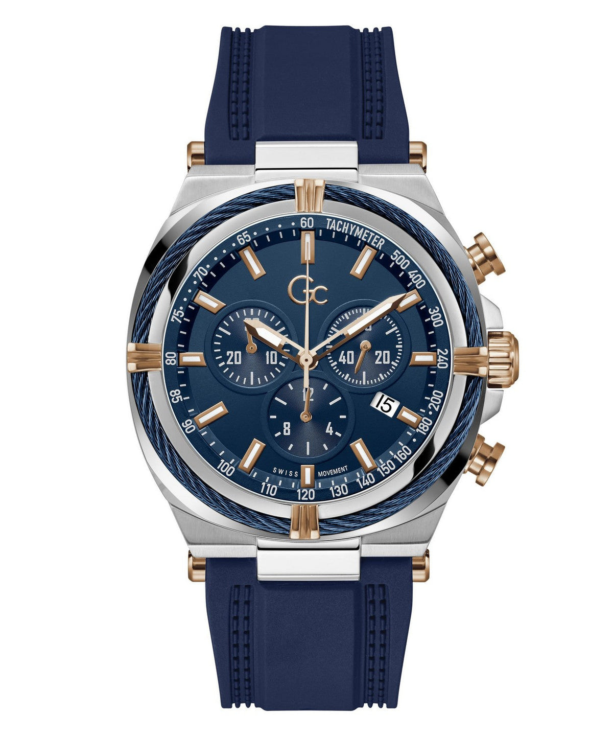 GC Sportchic Mens Silver &amp; Rose Gold And Blue Tone Watch Z32003G7MF