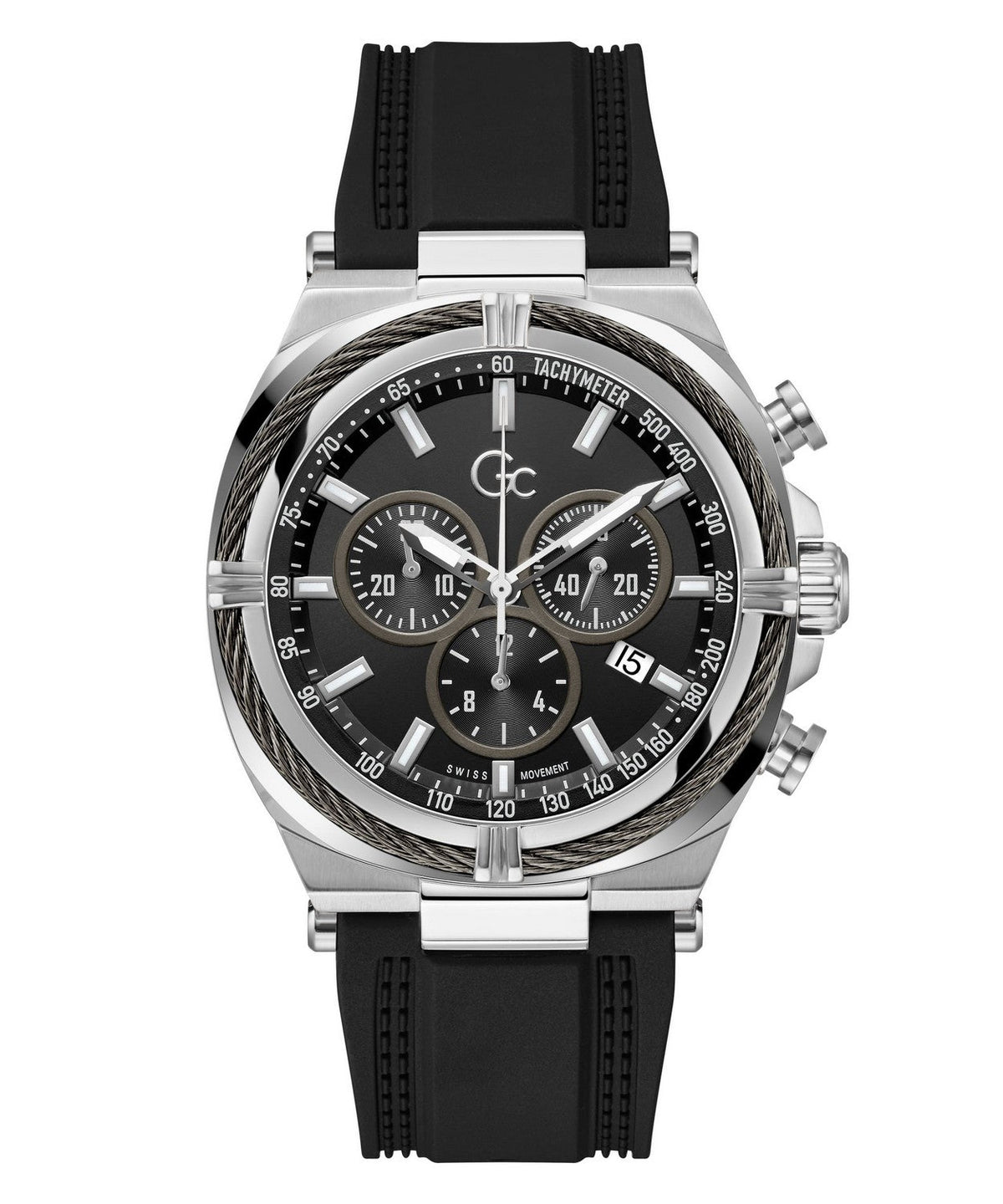 GC Sportchic Mens Silver &amp; Gun-Metal And Black Tone Watch Z32007G2