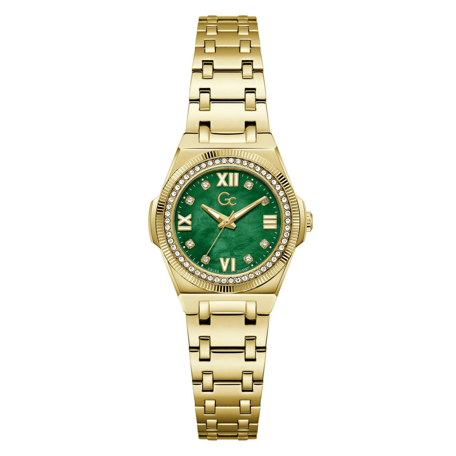 Gc Womens IdolChic Mini Green Mother of Pearl Dial Gold-Tone Stainless Steel Bracelet Watch Z92002L9