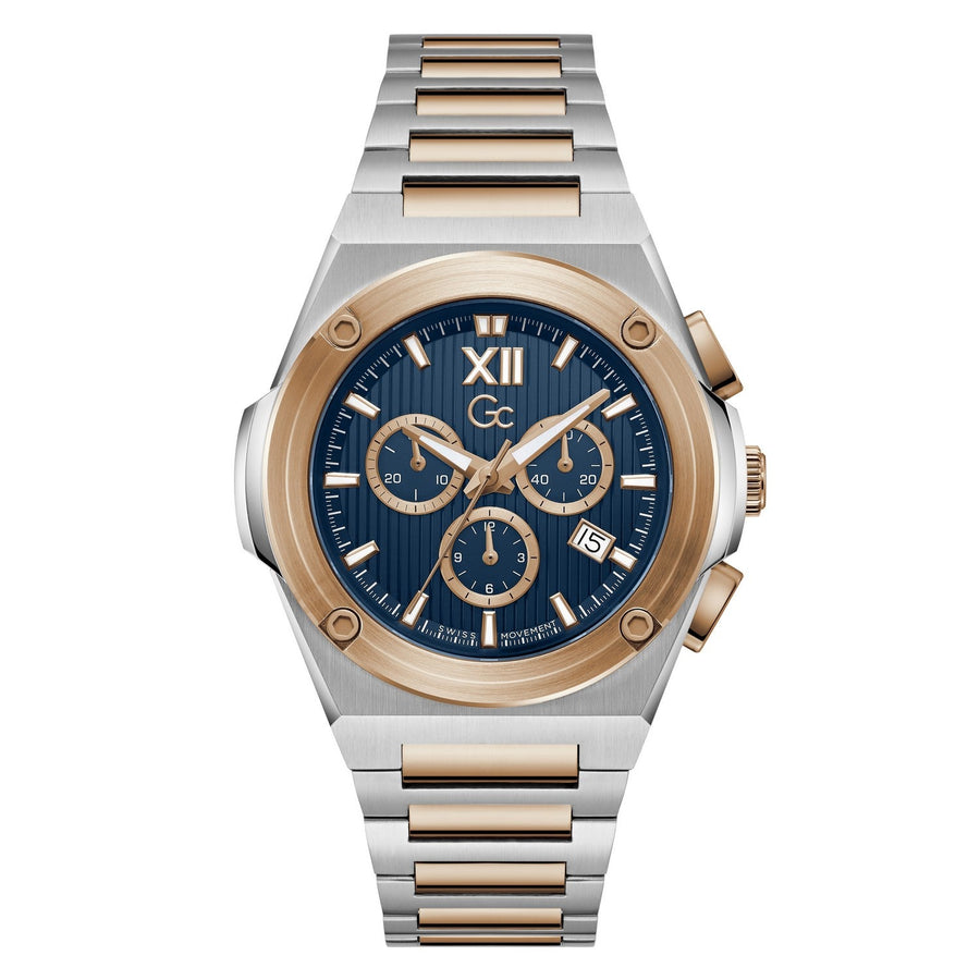 Gc Mens IdolForce Blue Dial Two-Tone Silver Rose Gold Stainless Steel Bracelet Watch Z95003G7