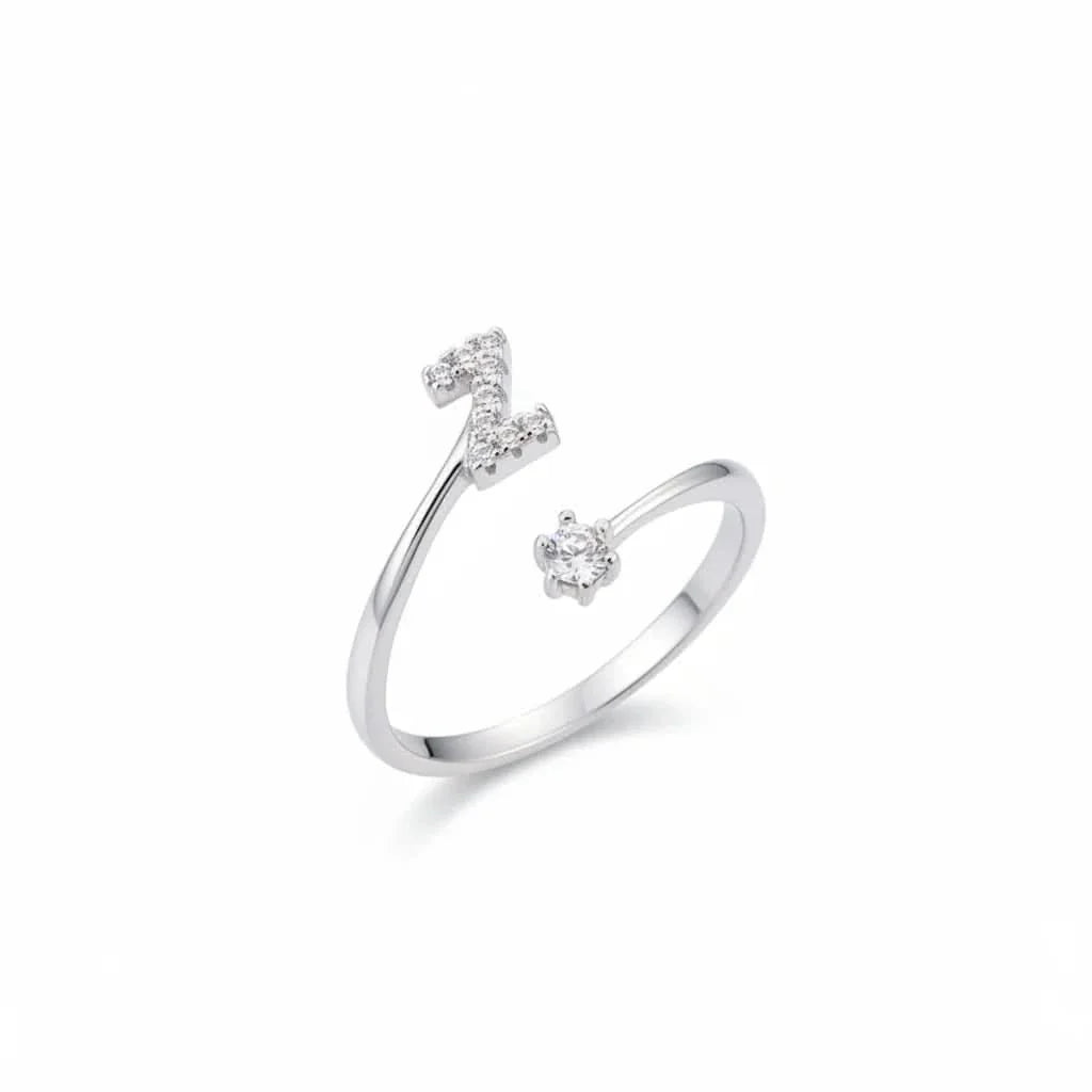 Diamond Initial Letter Silver Ring