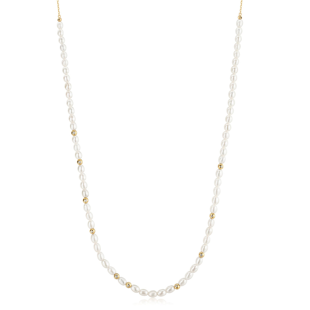 Ania Haie Gold Freshwater Pearl White Cubic Zirconia Bezel Set Slider Necklace N058 - 06GAnia HaieN058 - 06G