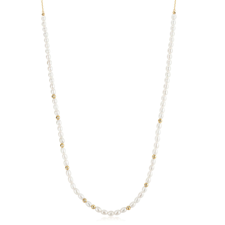 Ania Haie Gold Freshwater Pearl White Cubic Zirconia Bezel Set Slider Necklace N058 - 06GAnia HaieN058 - 06G