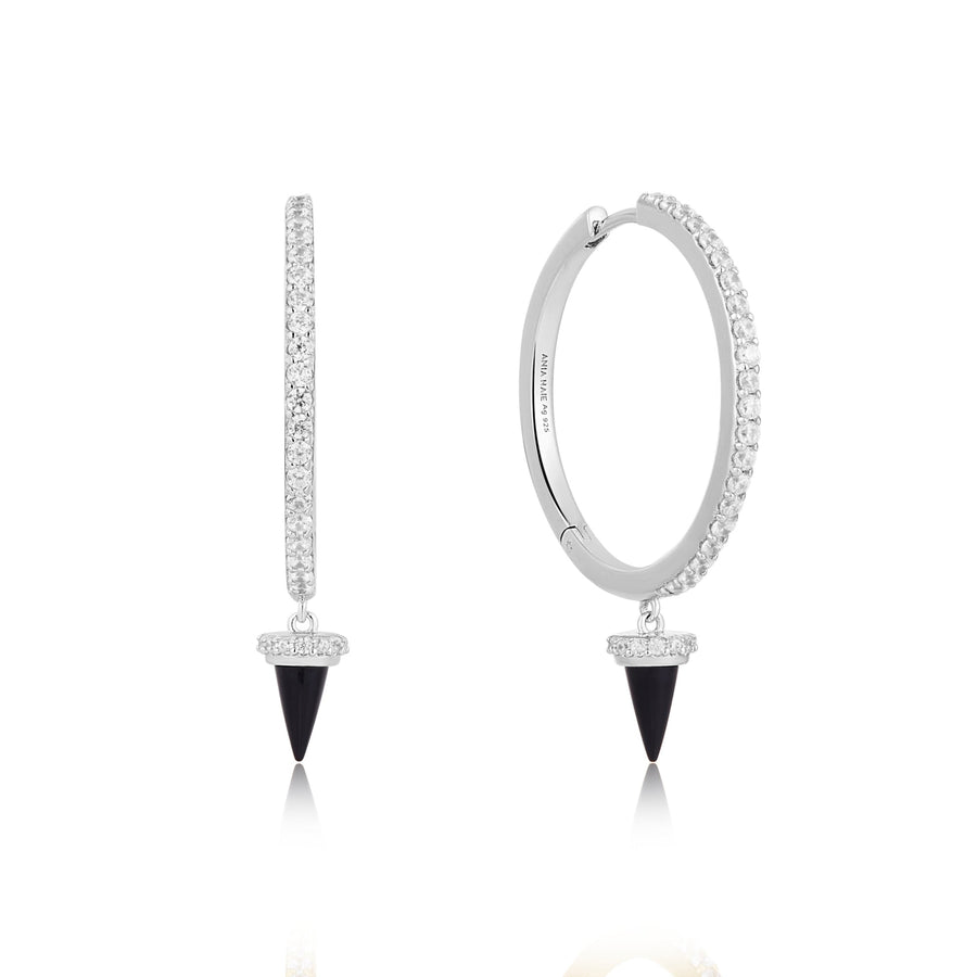 Ania Haie Silver Black Agate Drop Hoop Earrings E053 - 09HAnia HaieE053 - 09H