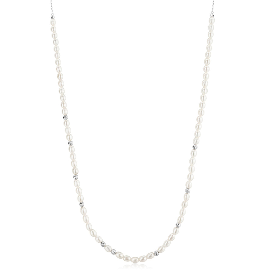 Ania Haie Silver Freshwater Pearl White Cubic Zirconia Bezel Set Slider Necklace N058 - 06HAnia HaieN058 - 06H