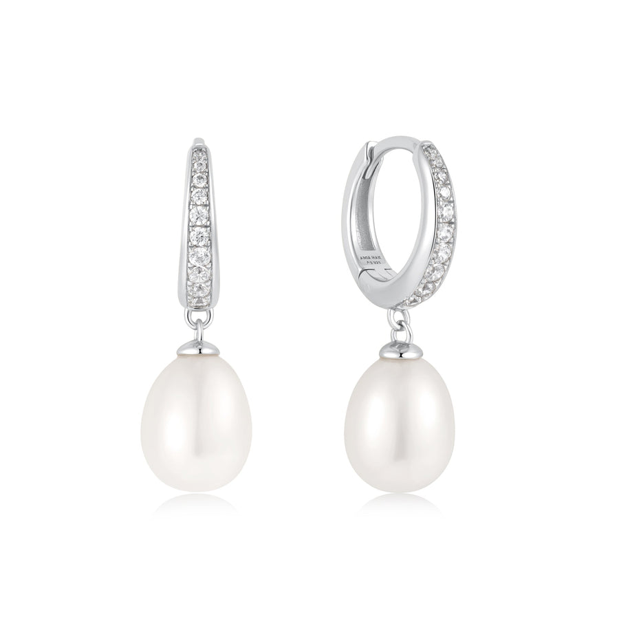 Ania Haie Silver Freshwater Pearl White Cubic Zirconia Pavé Drop Huggies E058 - 03HAnia HaieE058 - 03H