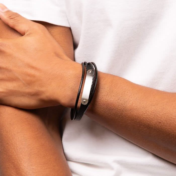 Mens Woven Black Leather Multi ID Bar Bracelet B5282