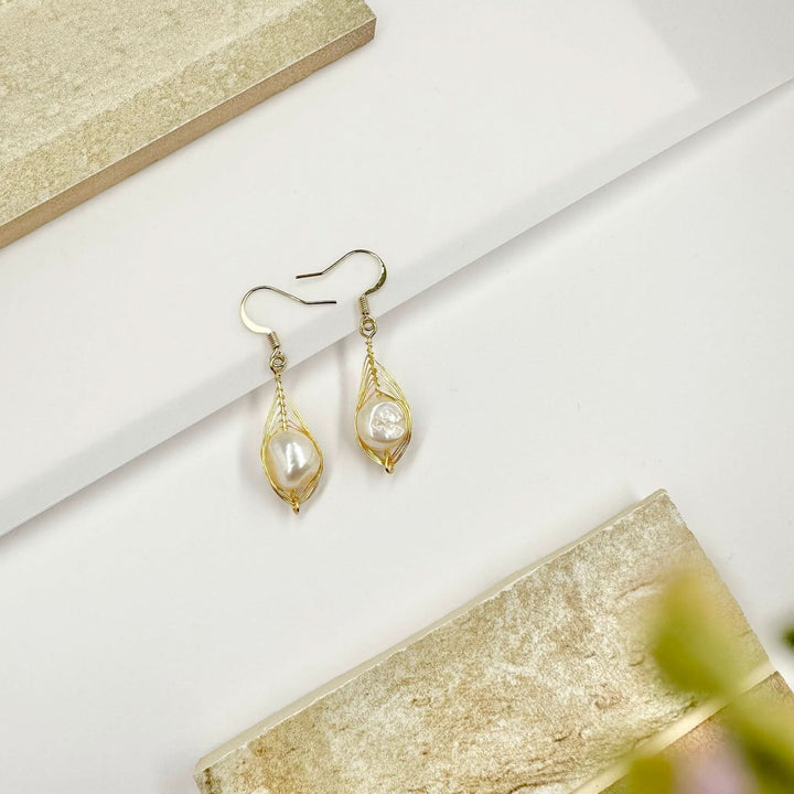 Handmade Gold Wire Baroque Pearl Drop Earrings