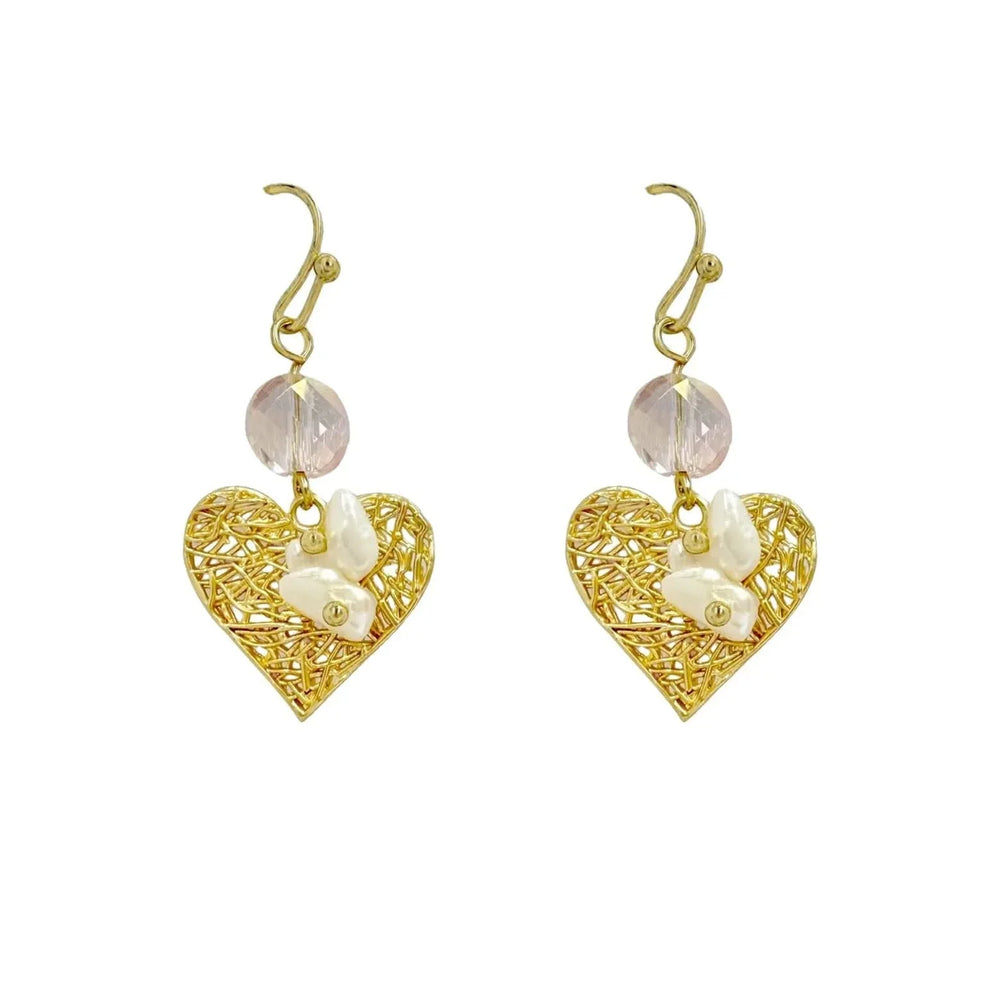 Baroque Pearls Earrings set in Gold Heart Mesh