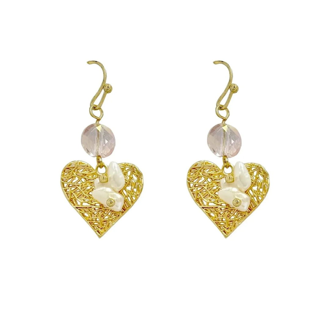 Baroque Pearls Earrings set in Gold Heart Mesh