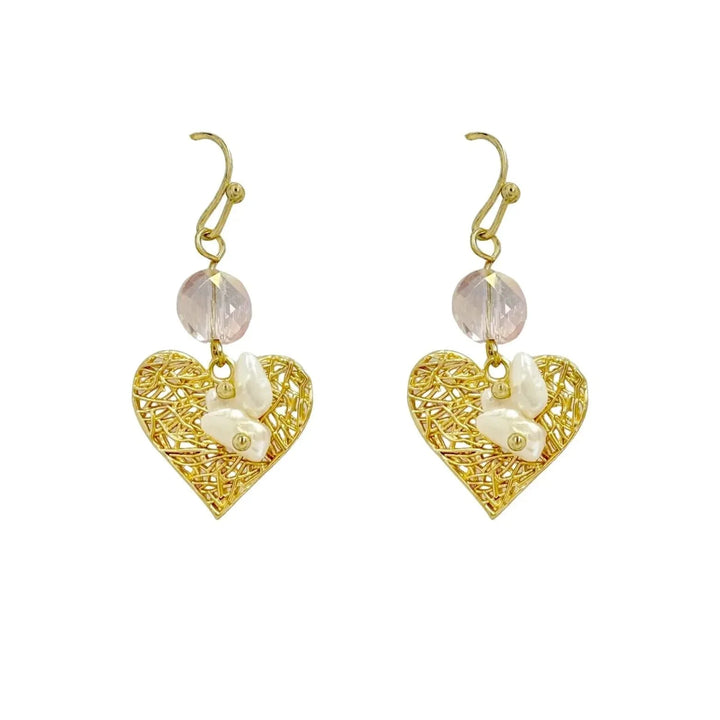 Baroque Pearls Earrings set in Gold Heart Mesh